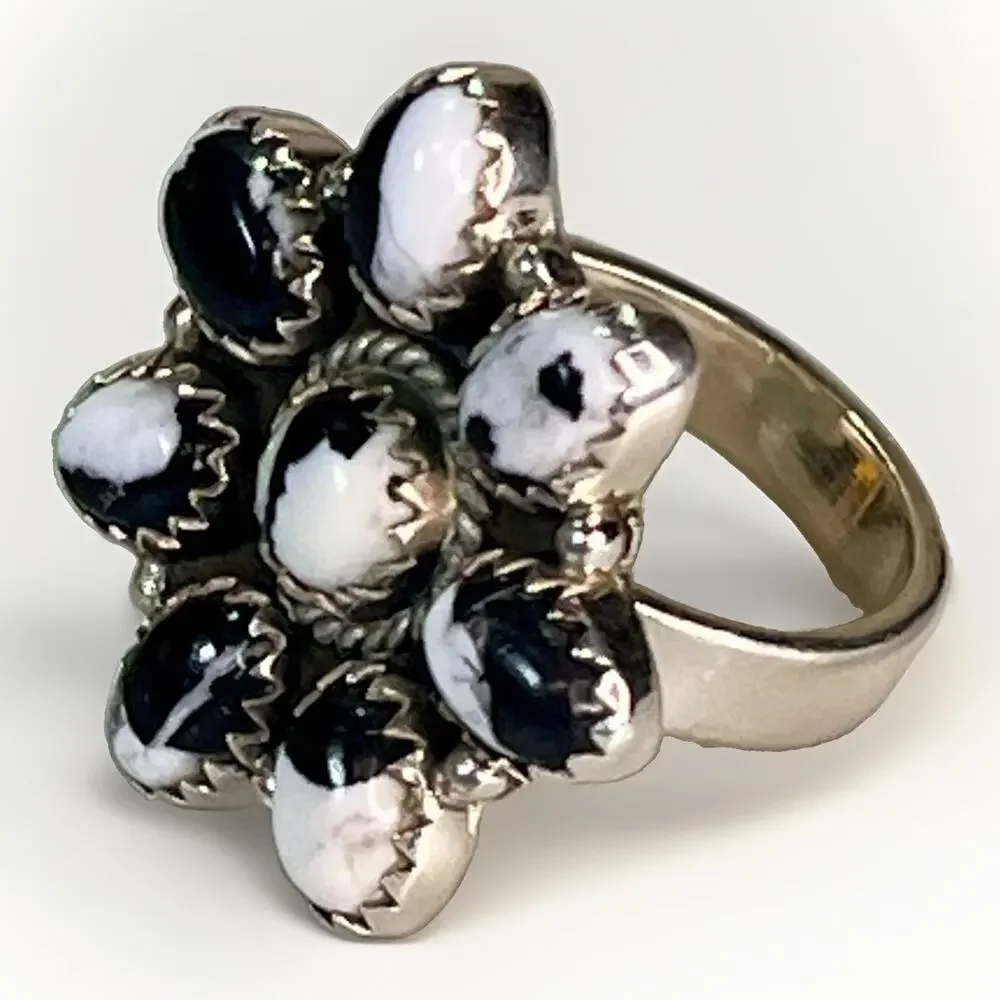 White Buffalo Turquoise Sterling Silver Cluster Ring Adjust Sz Southwestern 925